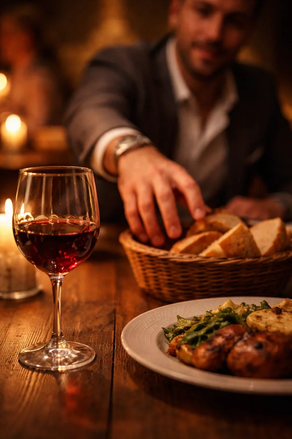 A man in a suit reaching for bread in a basket at a warmly lit dinner table with a glass of red wine, a plate of food, and candles.