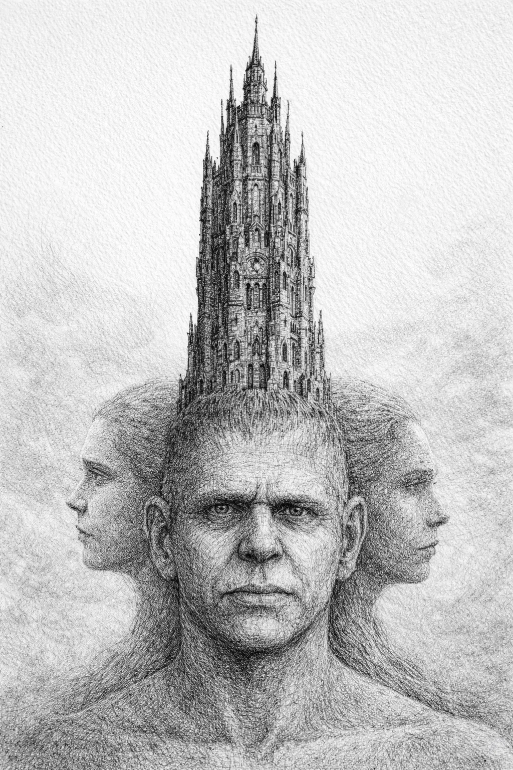 A pencil drawing of three faces, with the central face looking forward and two other faces in profile on either side, and a tall, ornate tower above the central face.