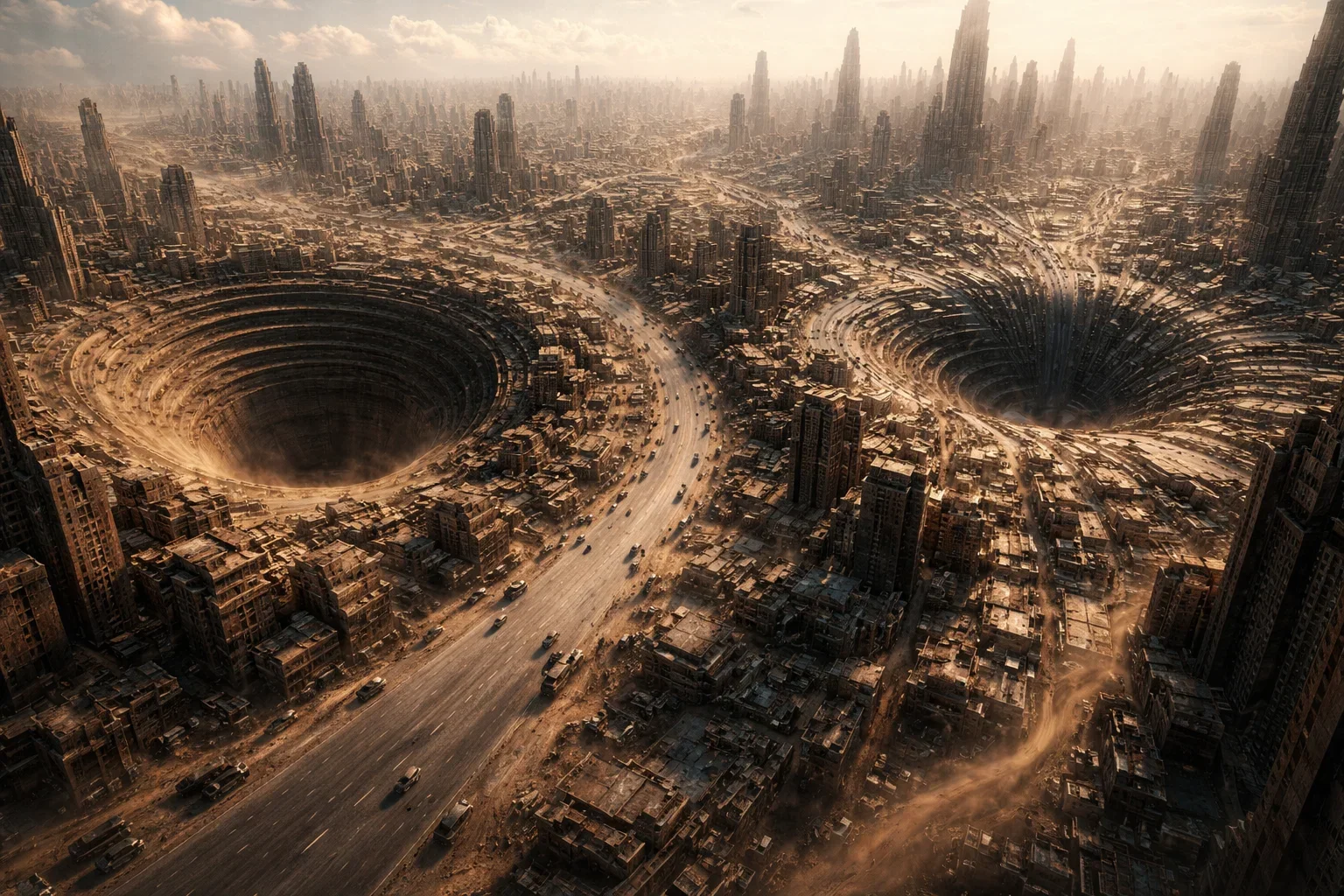 A city with numerous high-rise buildings and two enormous sinkholes in the ground, causing destruction and chaos.