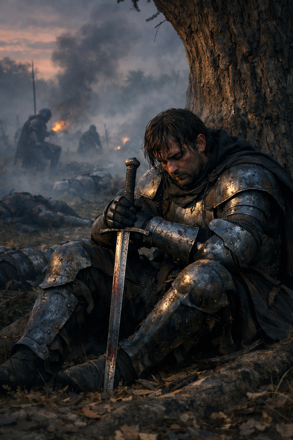 A weary man dressed in medieval armor sits on the ground, leaning against a tree with his eyes closed and a hand on a bloodstained sword. In the background, soldiers are engaged in battle, with smoke and fire suggesting a fierce fight.
