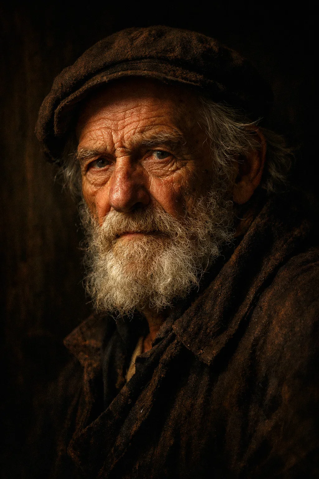 Close-up portrait of an elderly man with a white beard, wearing a dark cap and dark coat, looking intently at the camera against a dark background.