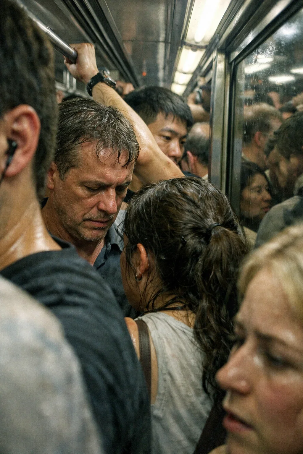 Crowded subway car with people standing closely together, holding onto the overhead handrails.