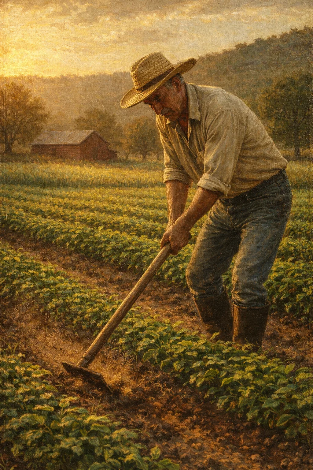 A farmer wearing a straw hat and work clothes using a hoe to tend crops in a field during sunset.