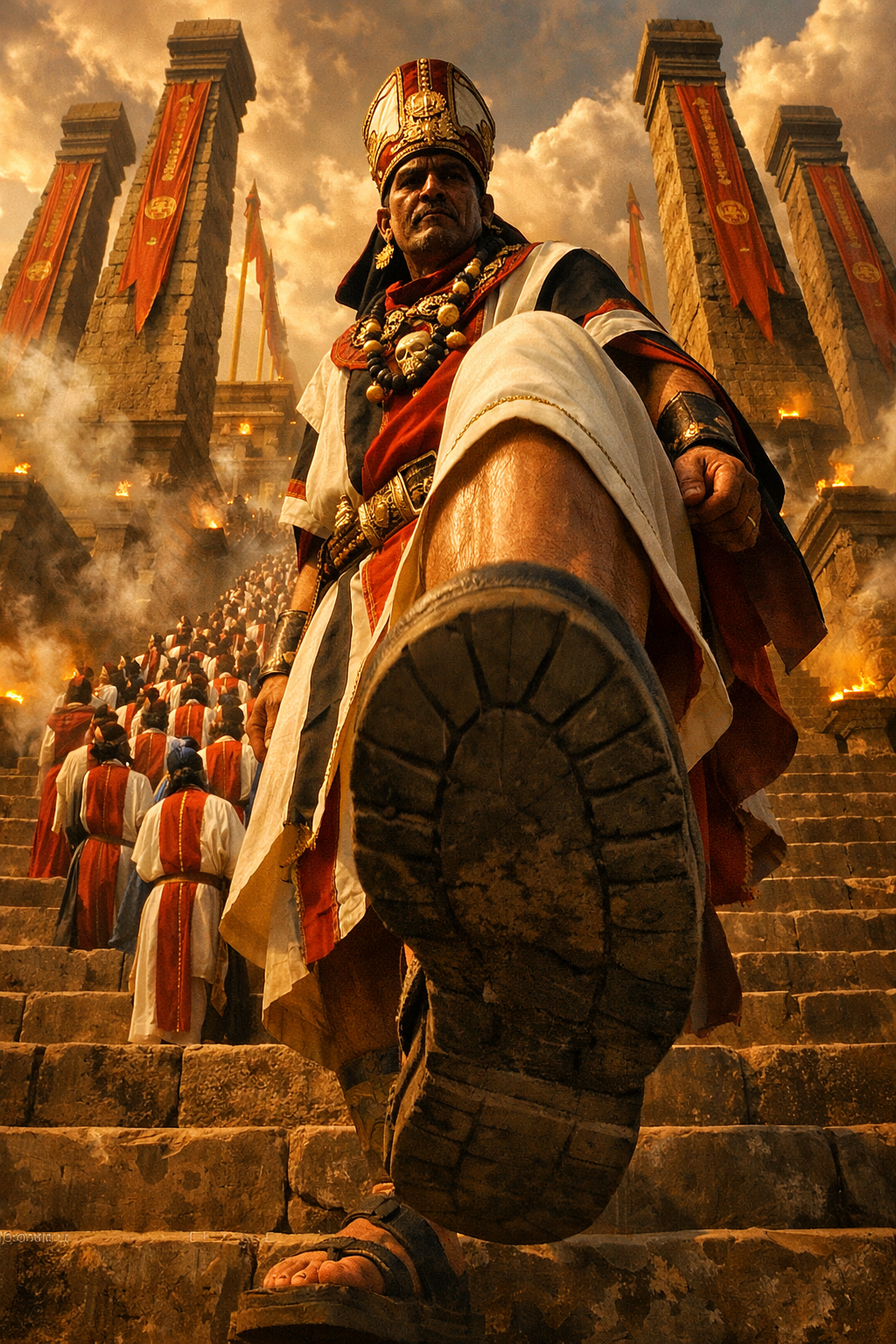 A man dressed as a warrior, wearing traditional attire and jewelry, stands on stone stairs in front of a large stone fortress with banners and torches, amid smoke and a crowd of similarly dressed people.