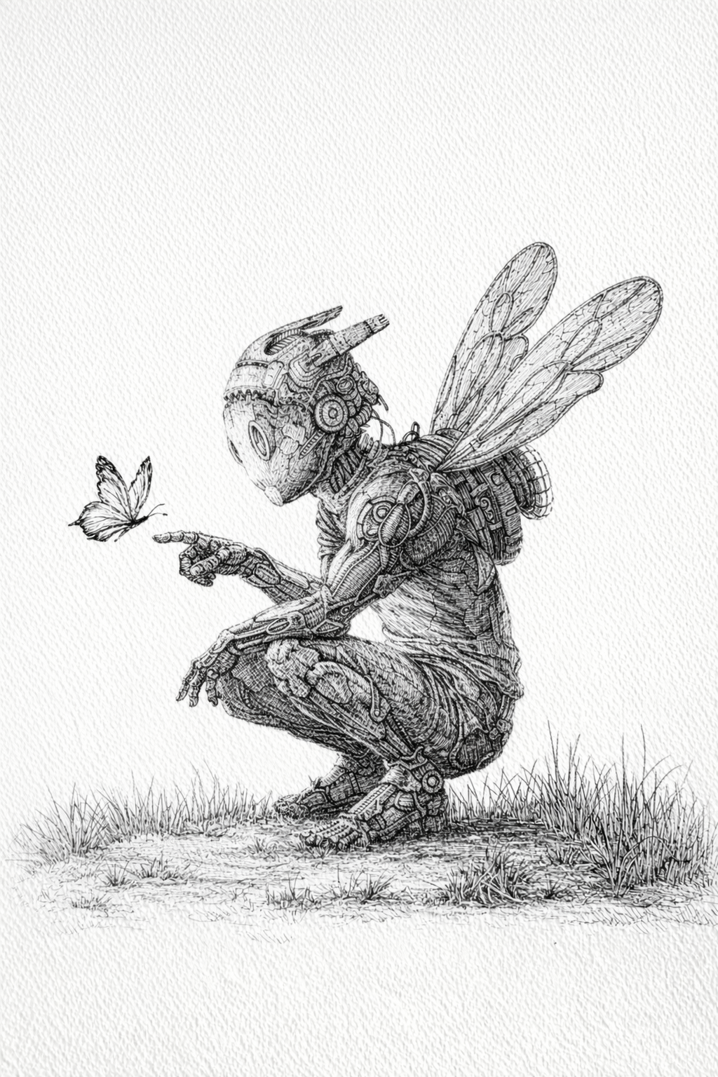 A detailed black and white illustration of a humanoid robot with insect-like features, crouching on grass and reaching out to a butterfly with its finger, while having insect wings attached to its back.