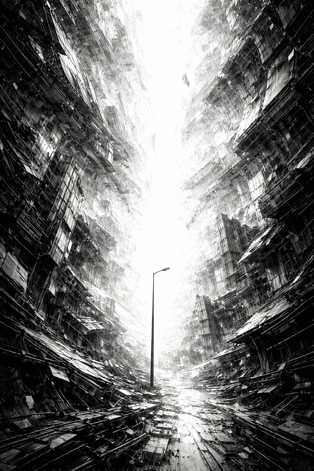 Black and white digital artwork of a dystopian cityscape with tall, warped buildings on both sides and a single streetlamp in the center, showing a perspective of a narrow, twisting alleyway.