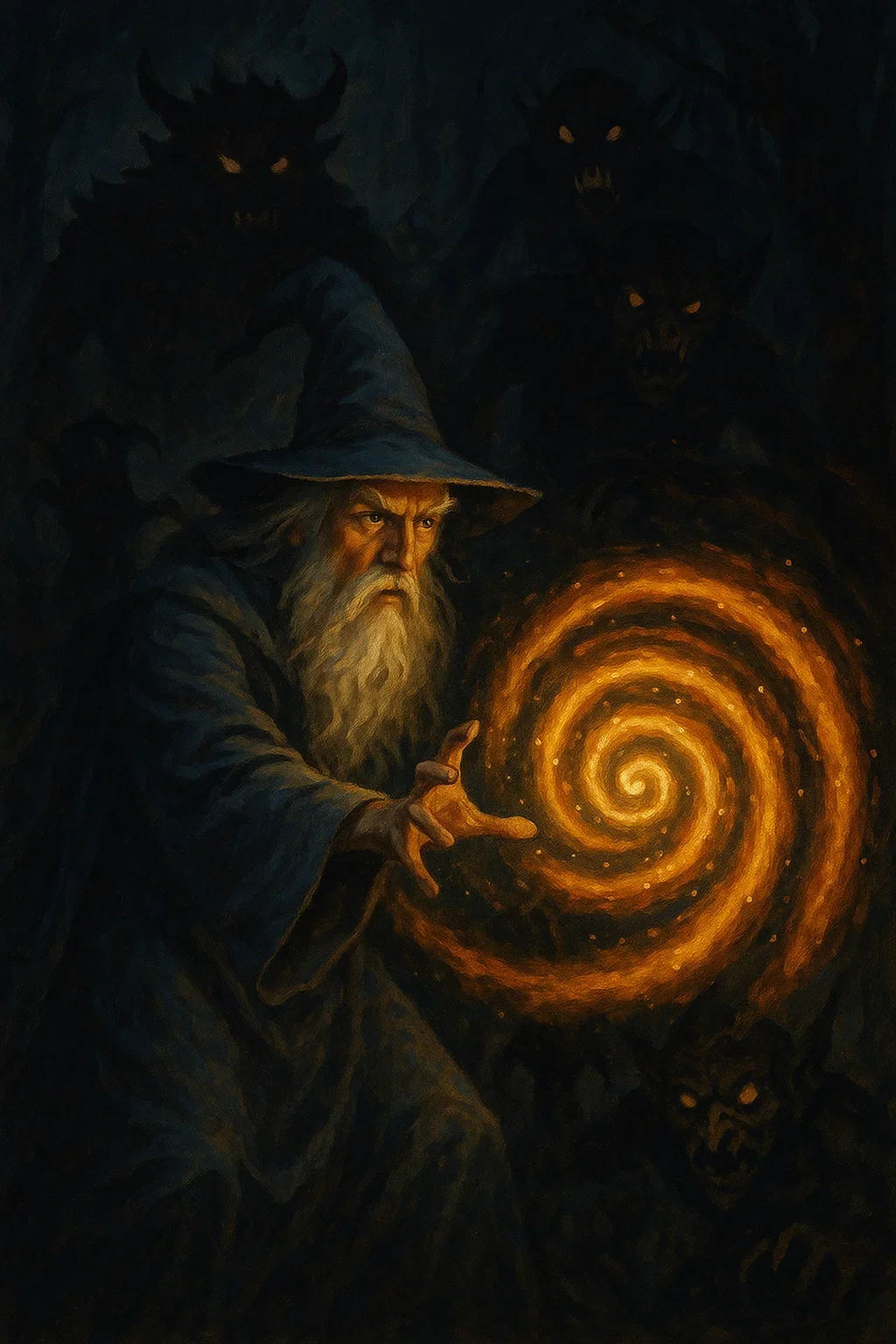 An illustration of a wizard with a long gray beard and a pointed hat, casting a spell with glowing swirling magic. Dark shadowy demons with glowing eyes and menacing faces surround him in a dark background.