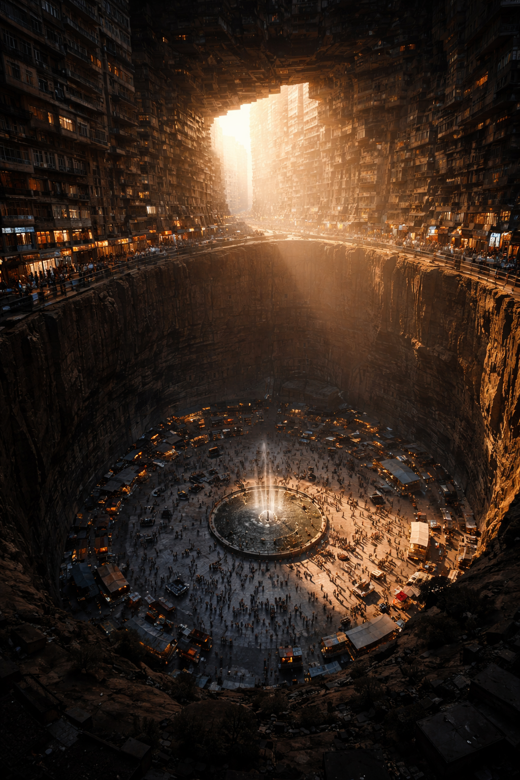 The photo depicts the famous New York City Underground Water Reservoir, also known as the Gowanus Canal, transformed into an urban park with a circular fountain at the center. Surrounded by a large vertical wall of buildings, the site is filled with numerous people, and the scene is illuminated by sunset light, creating a dramatic and captivating atmosphere.