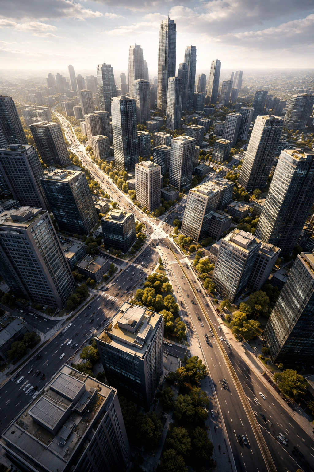 Aerial view of a city with tall skyscrapers, busy roads, and green trees, taken during sunset.