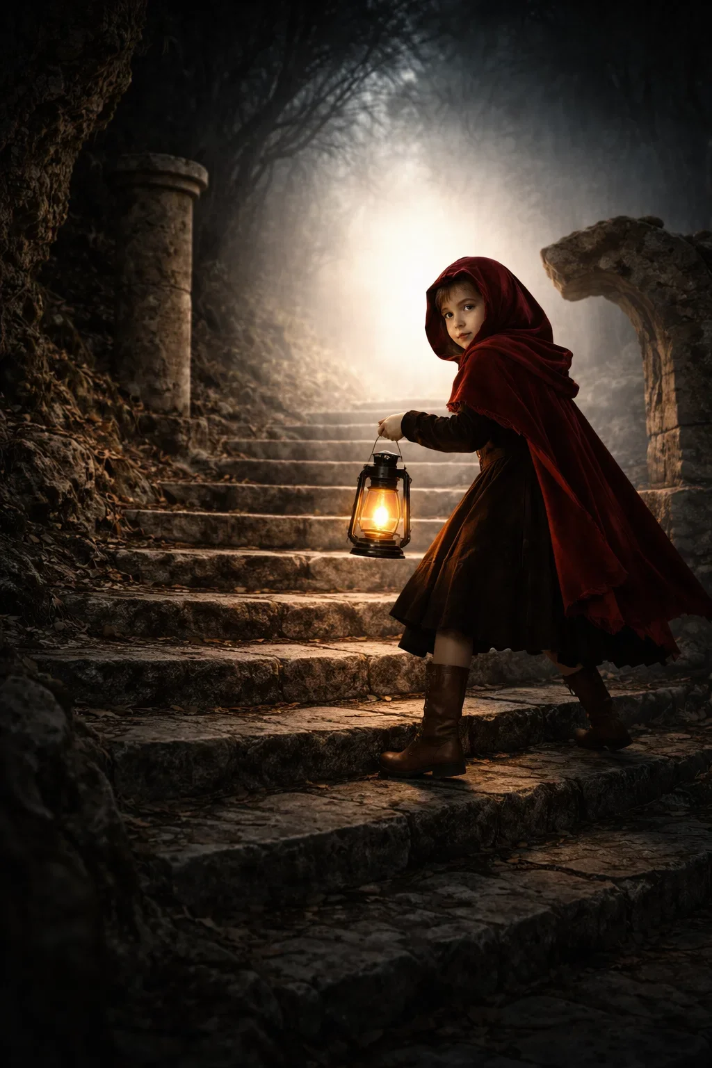 A young girl dressed as Little Red Riding Hood, wearing a red cloak, holding a lantern, walking up stone steps through a dark, foggy forest with an illuminated light in the background.