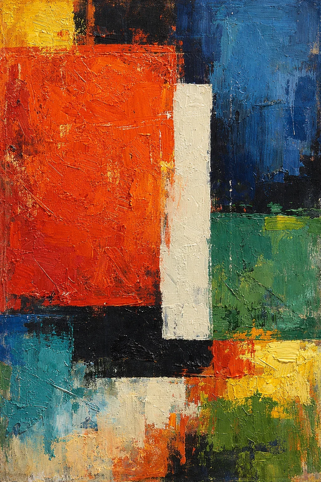 Abstract painting with bold colors including red, orange, blue, green, yellow, black, and white, featuring textured brushstrokes and geometric shapes.