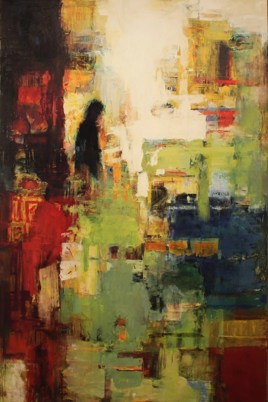 Abstract painting of a woman walking, with blurry, colorful brushstrokes in shades of black, red, green, yellow, and white.