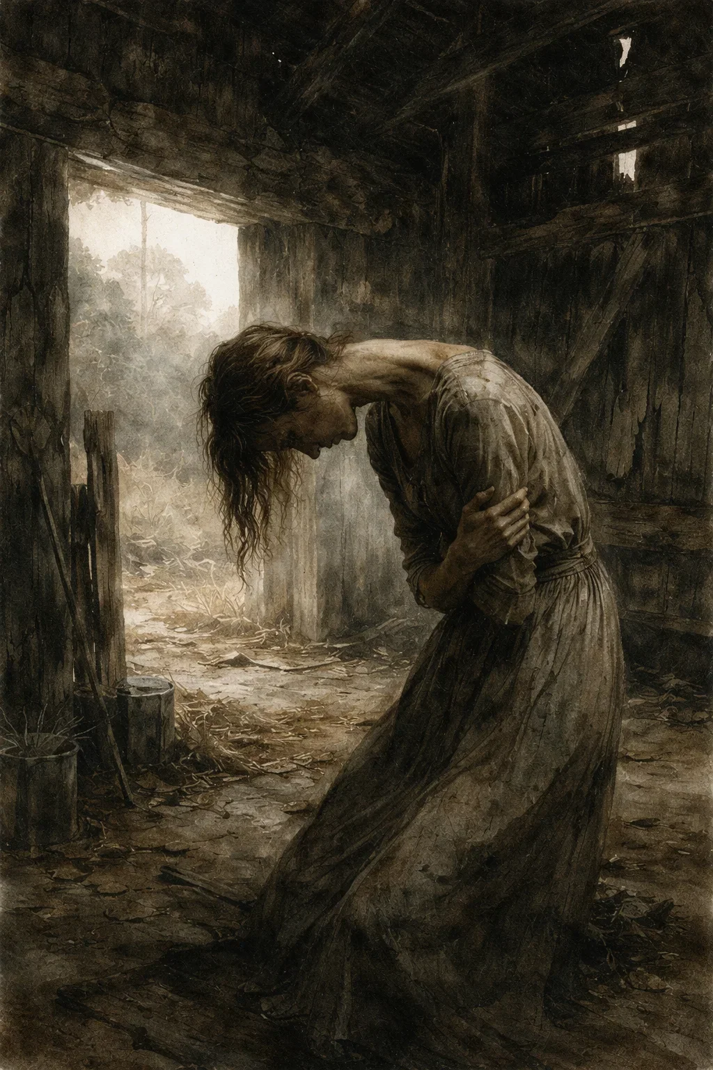 A woman with long hair, head bowed and hands clutching her chest, standing inside a dilapidated wooden structure with broken walls and a dirt floor, outdoors with trees visible in the background.