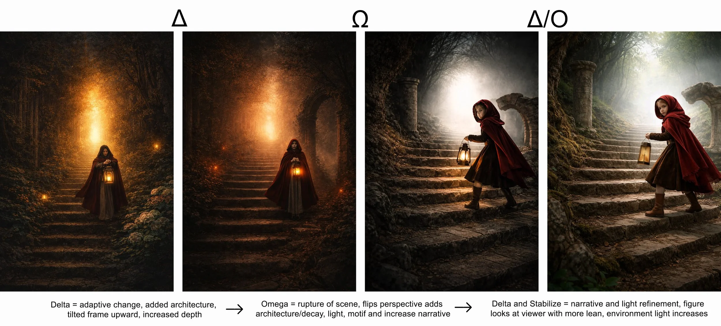 Comparison of four digital art scenes featuring a young woman with a lantern walking up a stone staircase through a forest, illustrating different visual effects and storytelling styles.