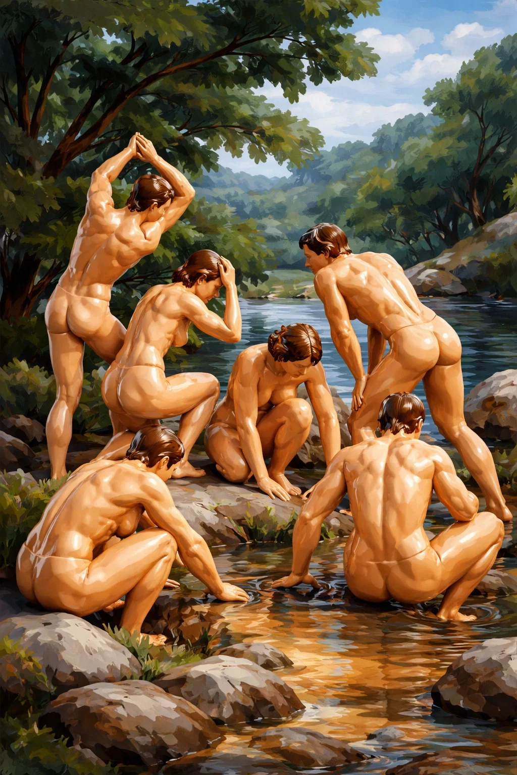 A group of seven nude people with brown hair gathering around a river in a forested area, engaging in various activities like sitting, squatting, and leaning, with trees and mountains in the background.