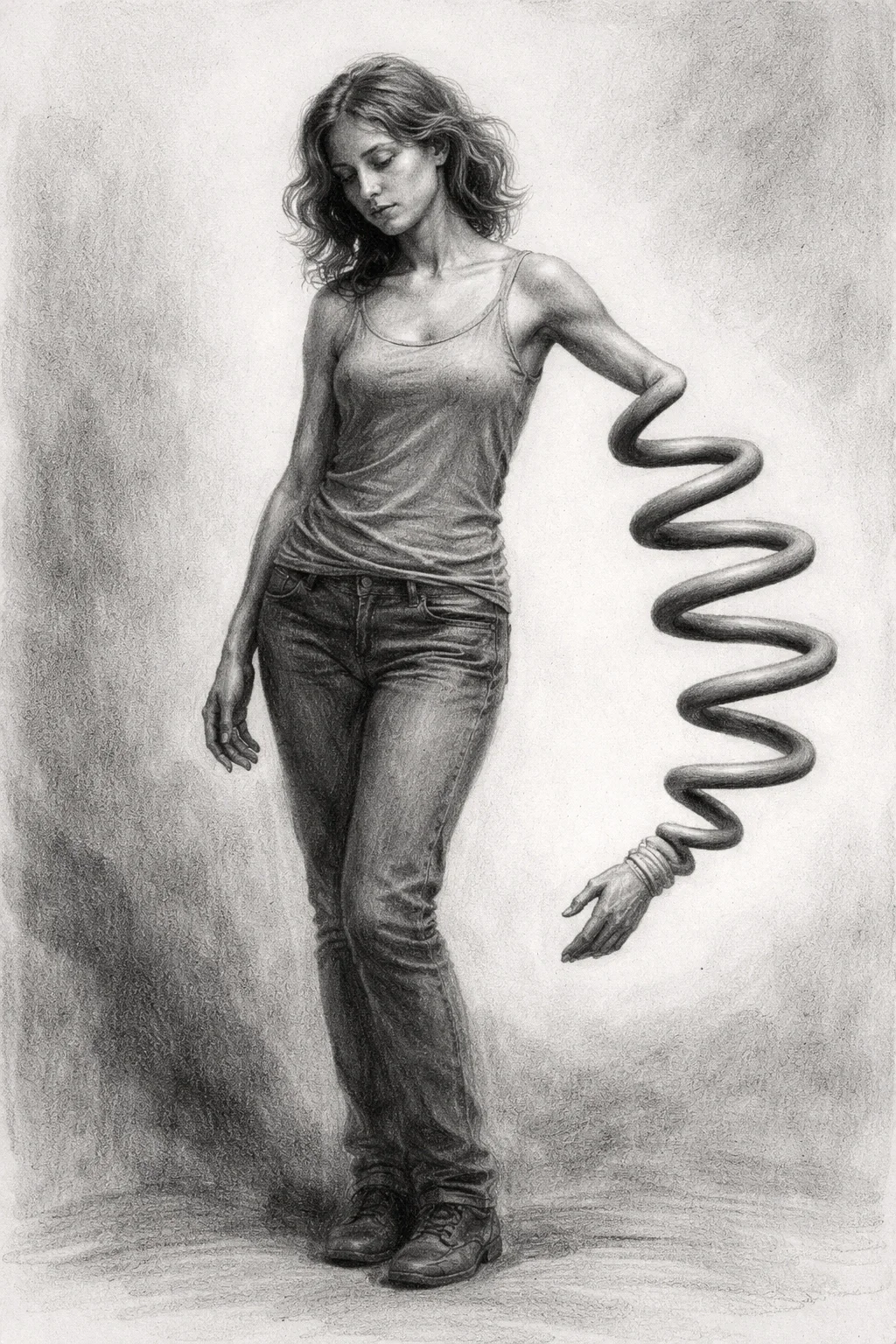 A black-and-white drawing of a woman with long wavy hair wearing a tank top and jeans, with her arm transformed into a coiled, flexible tube that ends in a hand.
