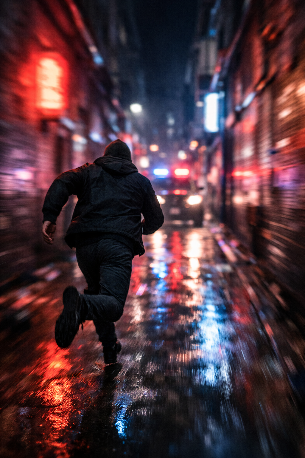 A person running down a wet city alley at night with police car lights flashing behind them.