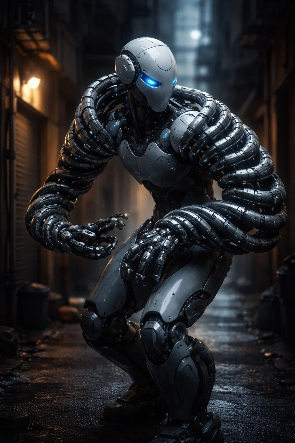 A futuristic humanoid robot with glowing blue eyes and a sleek metallic body, standing in a dark alley.