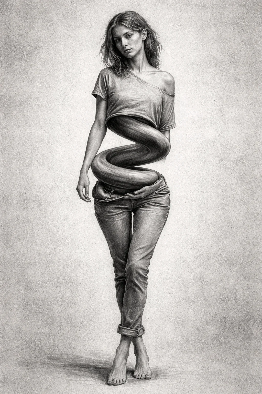 A grayscale photo of a woman with wavy hair wearing a loose T-shirt and rolled-up jeans, with her midsection transformed into a large, twisting snake.