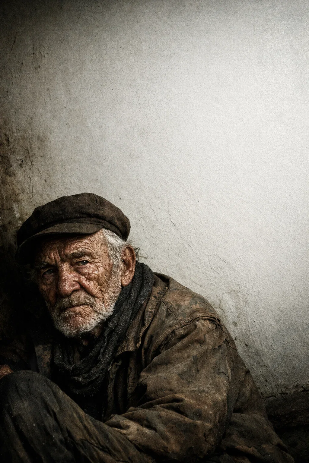 Old man with gray hair and beard, wearing a dark cap and worn-out clothing, sitting against a dirty, cracked wall, with a somber expression.