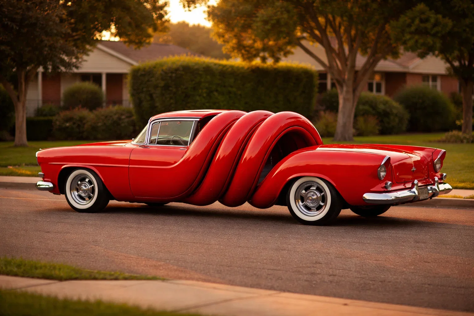 Red vintage car with a sculpture of a red hot dog wrapped around the middle, parked on a suburban street with trees and houses in the background.