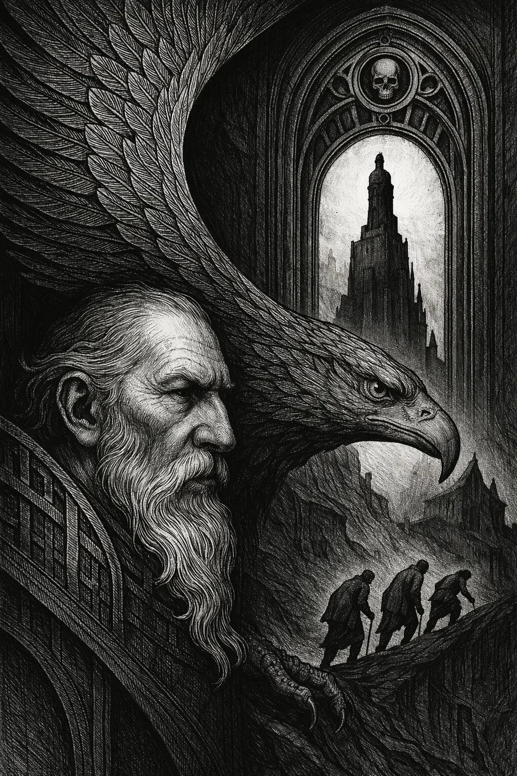 A detailed black-and-white illustration depicting a bearded man with long hair, a large eagle with piercing eye, a tall fortress or tower with a skull emblem at the top, and four figures walking along a path surrounded by mountains and gothic architecture.