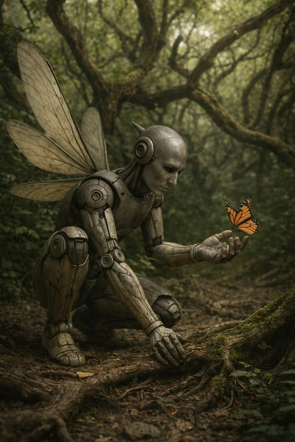 A humanoid robot with insect-like wings kneeling in a forest, gently holding a butterfly on its hand.
