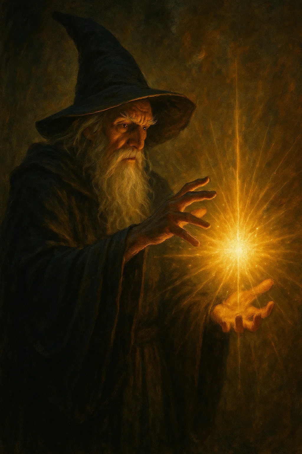 A wizard with a long beard and a pointed hat holding a glowing, golden light in his hands, casting a bright radiance.