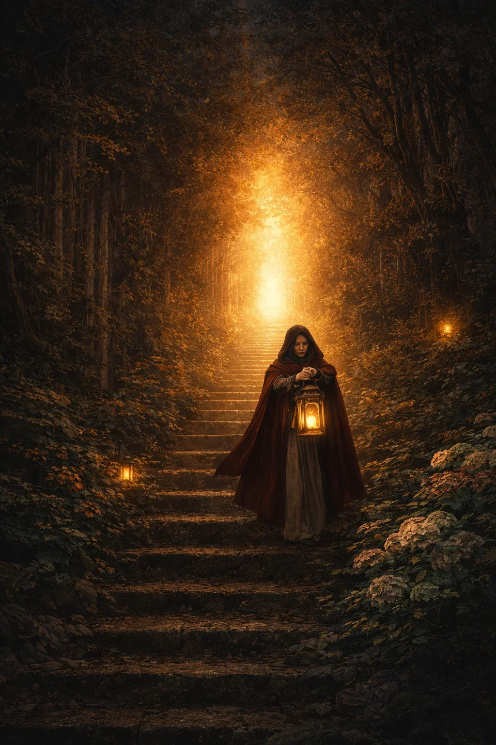 A woman in a cloak holding a lantern, standing on a forest staircase illuminated by lanterns, with a bright light at the top.