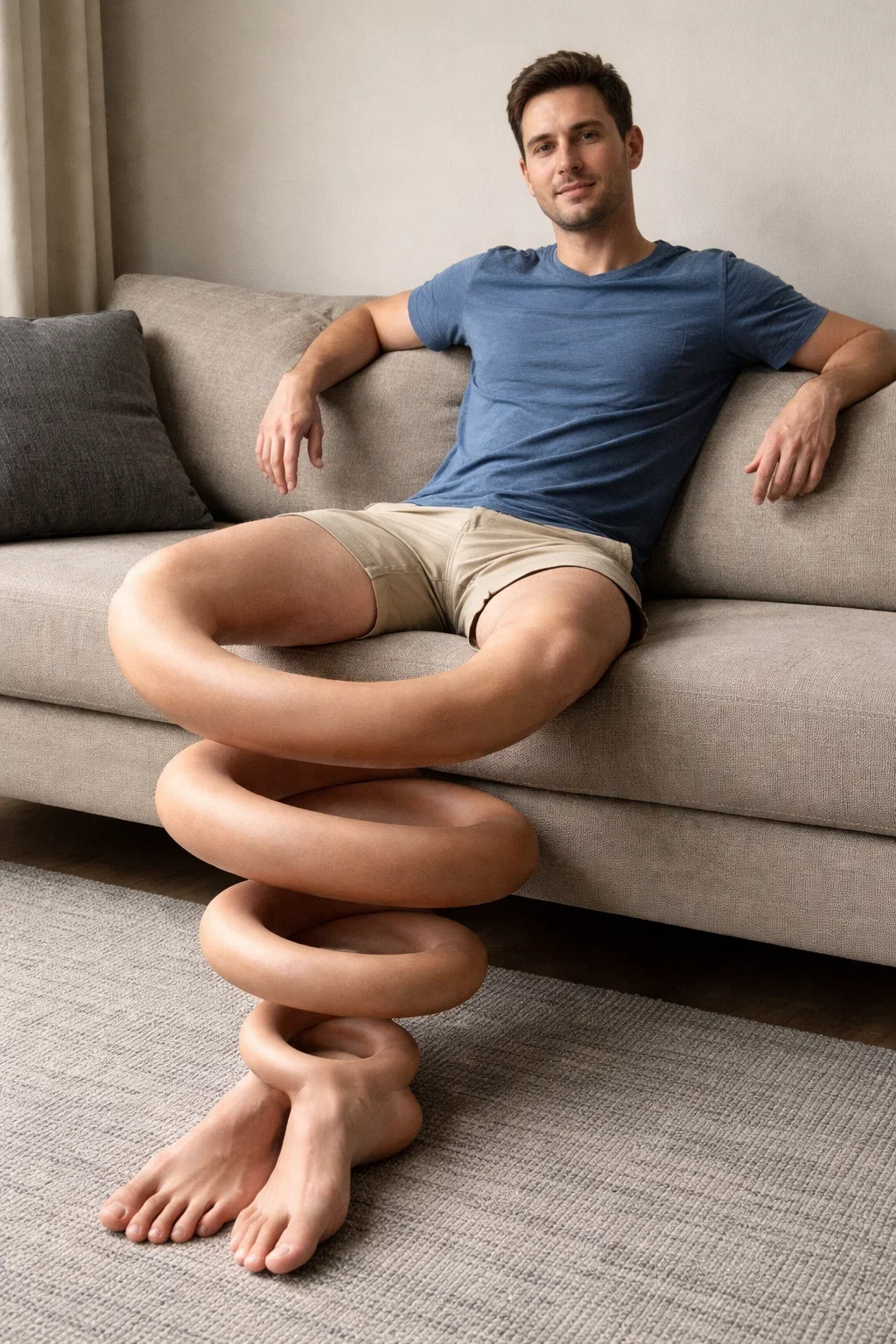 A man sitting on a beige sofa, wearing a blue t-shirt and khaki shorts, with his legs crossed and one arm resting on the back of the sofa.
