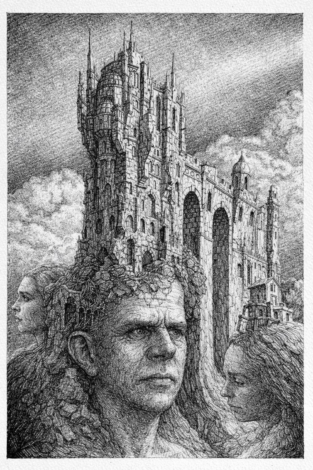 A detailed black and white drawing of a large, ancient castle with tall towers and arched windows. In the foreground, three women with intense expressions and long, flowing hair are depicted, with one woman prominently in the center and two others on either side.