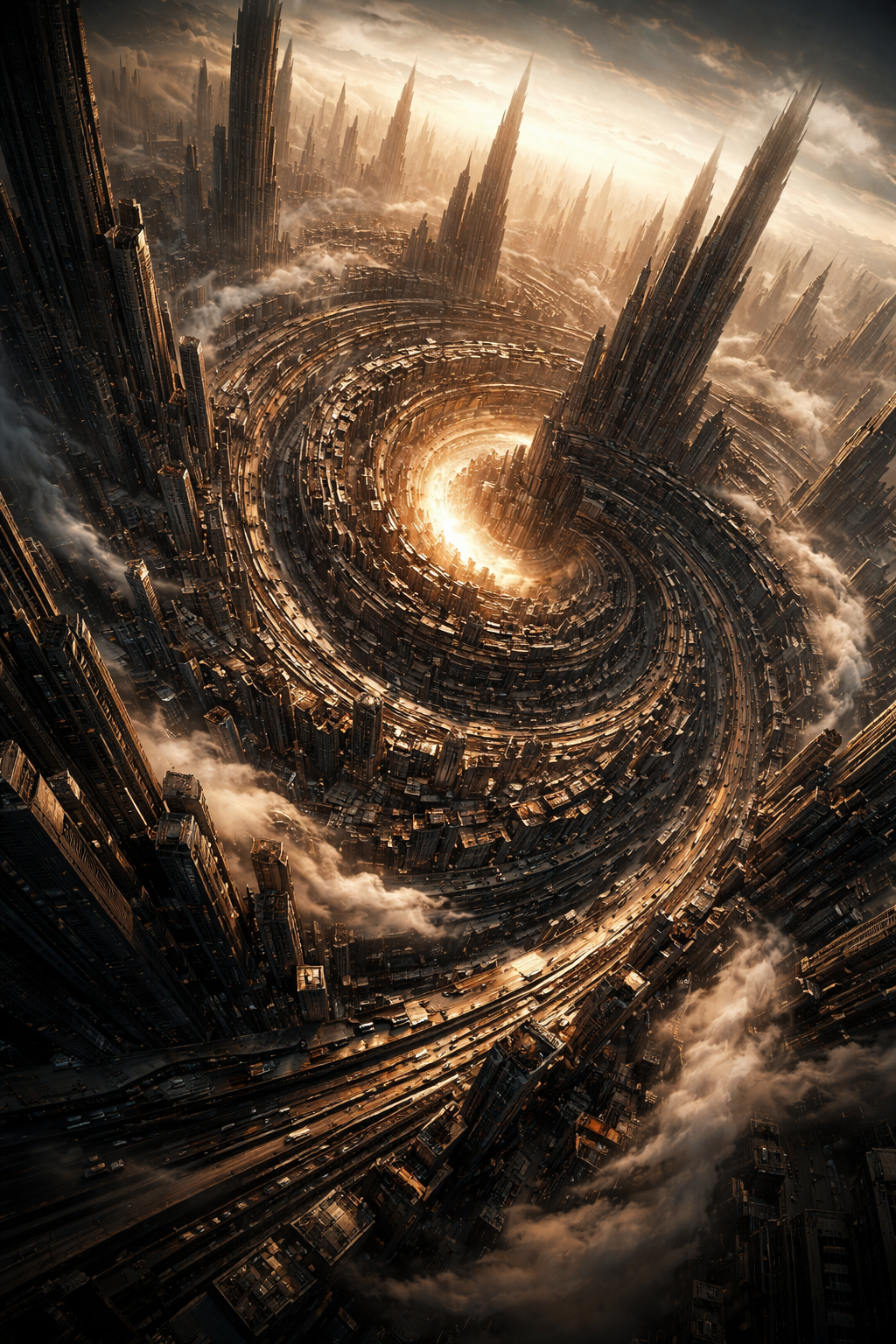 A futuristic cityscape with tall skyscrapers surrounding a swirling vortex of light, emitting an intense glow at the center, with clouds and atmospheric haze in the background.