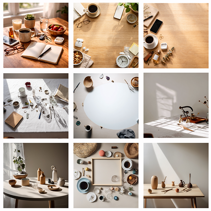 Collage of nine images depicting workspace, art supplies, ceramics, and decorative objects.