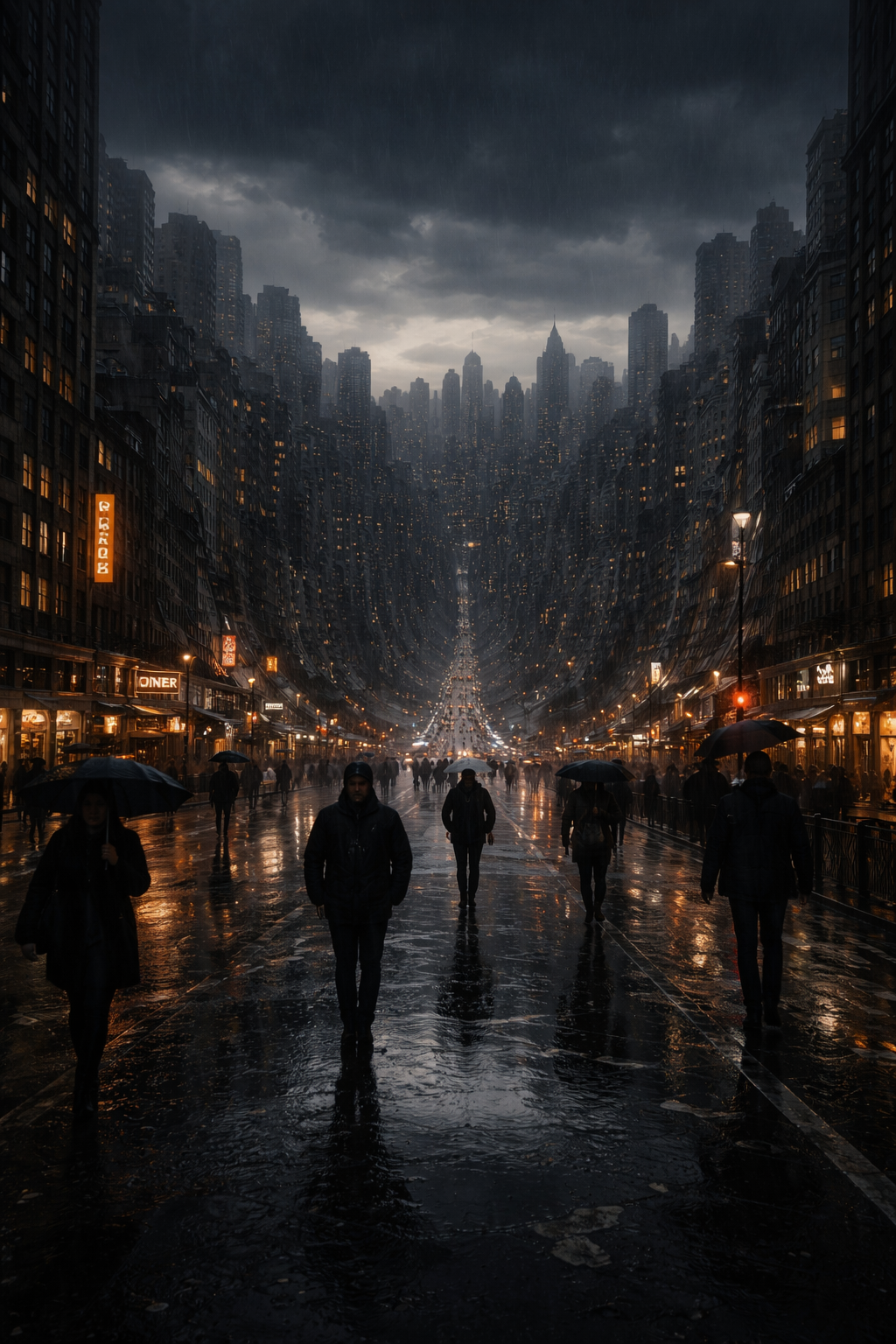 A rainy city street scene at dusk with tall buildings, glowing shop signs, and people walking with umbrellas on a wet pavement.