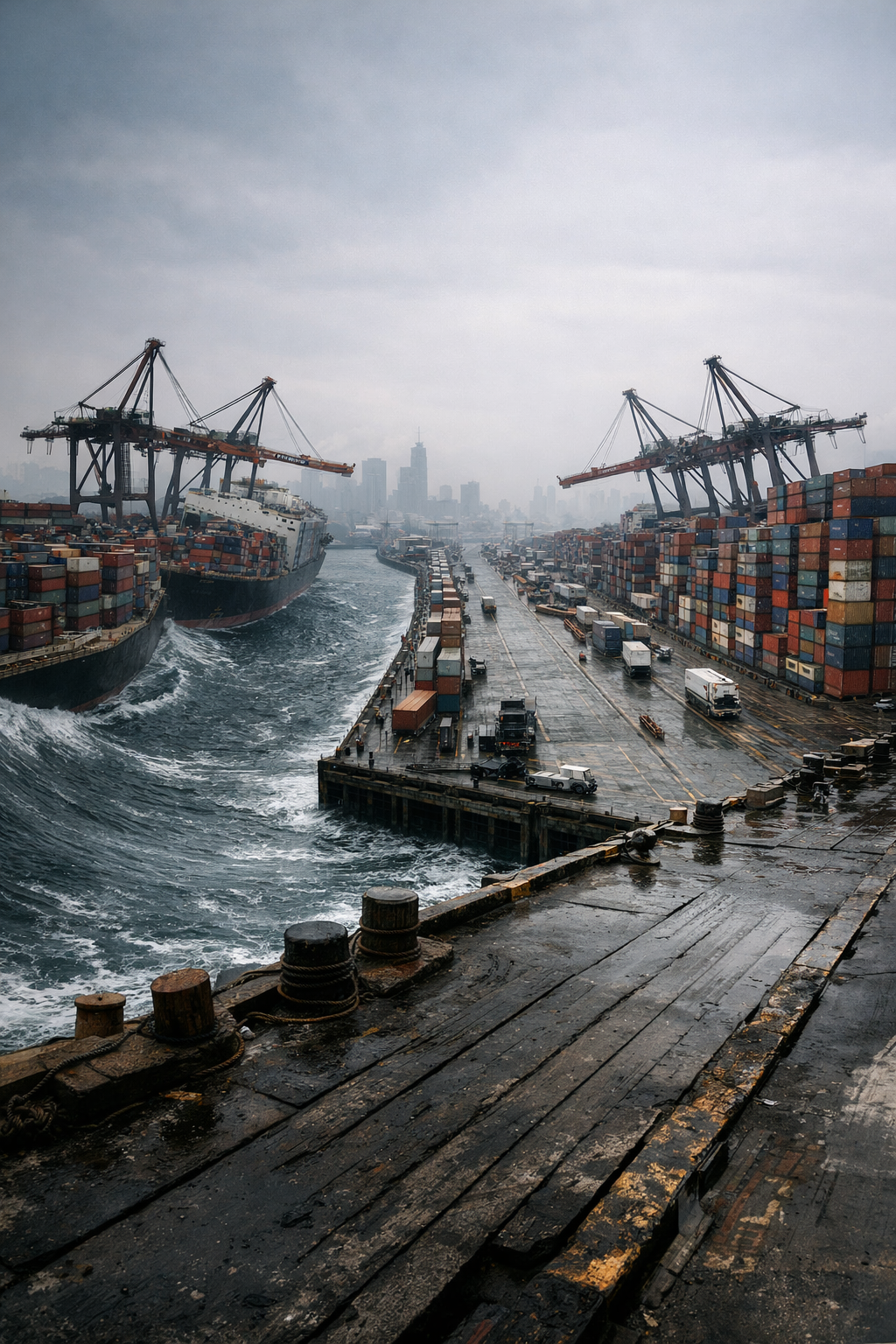 A busy shipping port with containers, large cranes, and ships docked in rainy weather with an overcast sky.