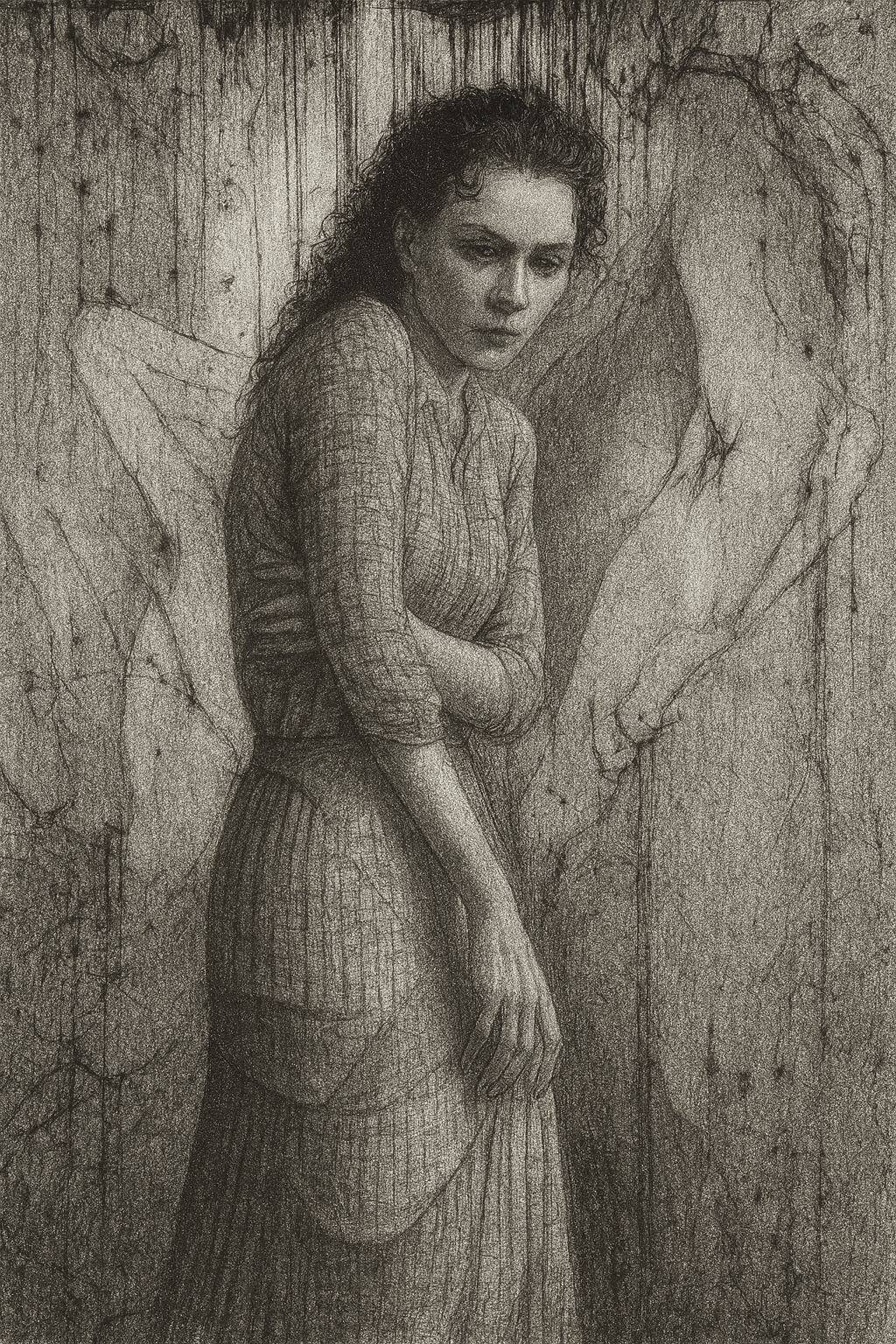 A woman with curly hair, wearing a long-sleeved shirt and pants, standing and leaning against a textured background with faint images of other people.