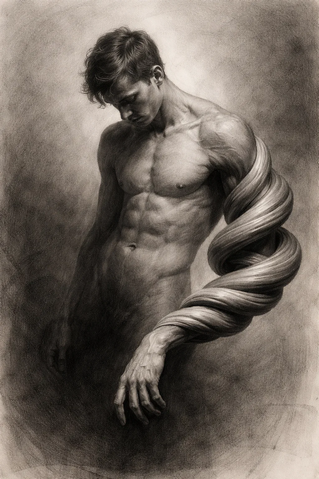 A highly detailed black and white drawing of a muscular young man with messy hair, looking downward, with a large, textured, twisted arm emerging from his shoulder.