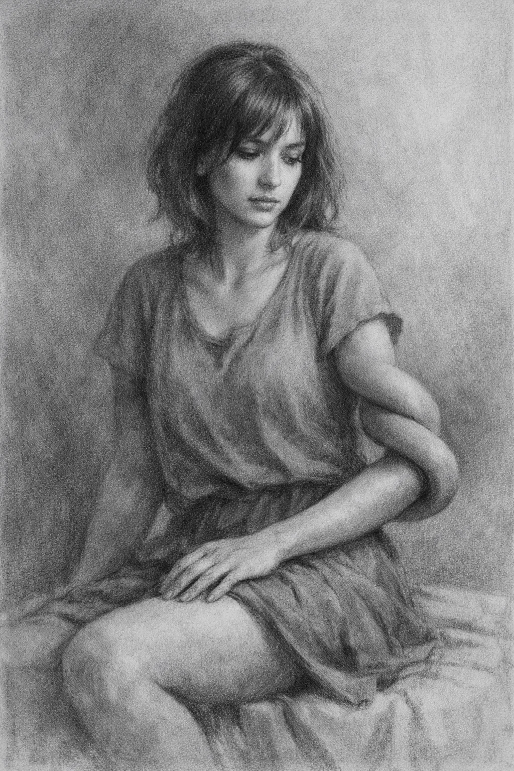 A detailed black and white pencil drawing of a young woman sitting with her head slightly bowed and eyes closed, wearing a loose t-shirt and a skirt, with her hands resting on her lap, against a plain background.