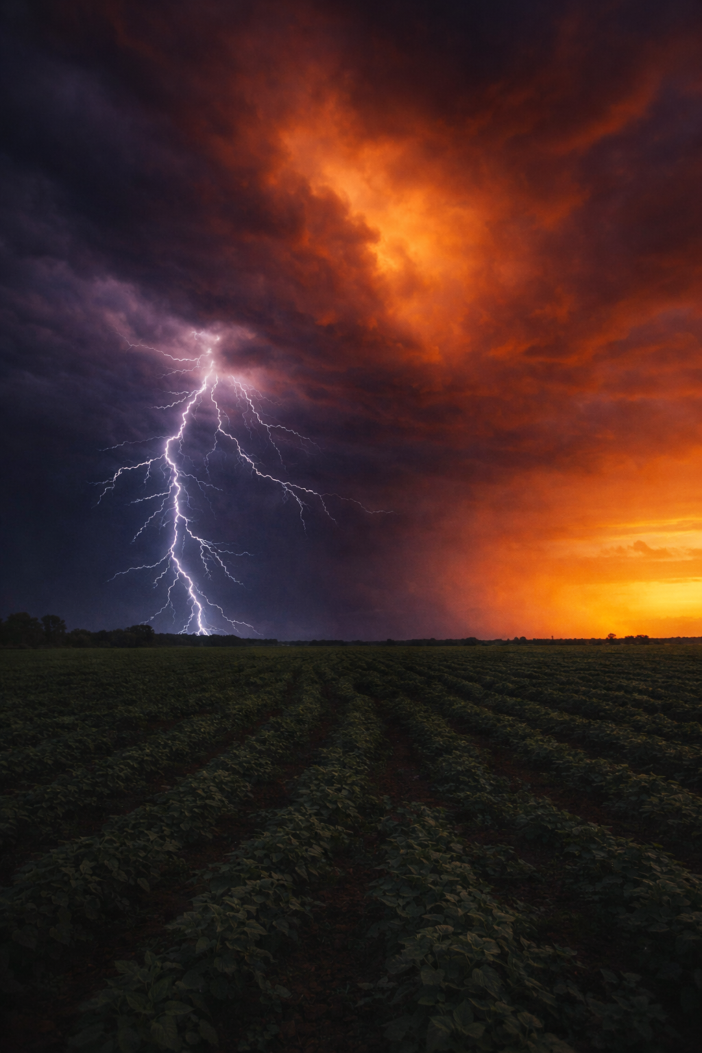 A field of green crops under a stormy sky with dark clouds, illuminated by lightning, and a fiery orange glow from the setting sun.