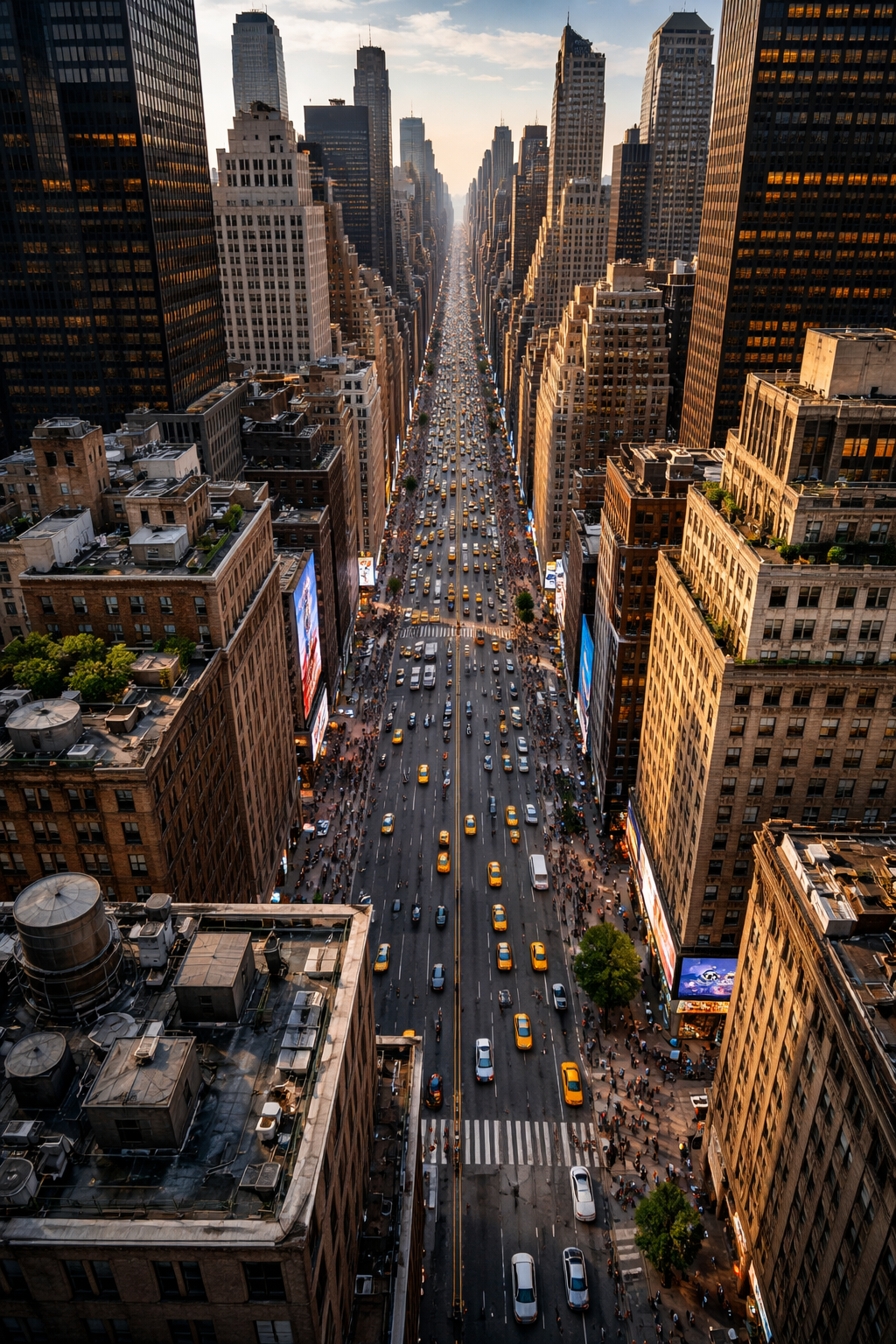 Aerial view of a busy city street in New York City during sunset, with tall skyscrapers on both sides and yellow taxis on the road.