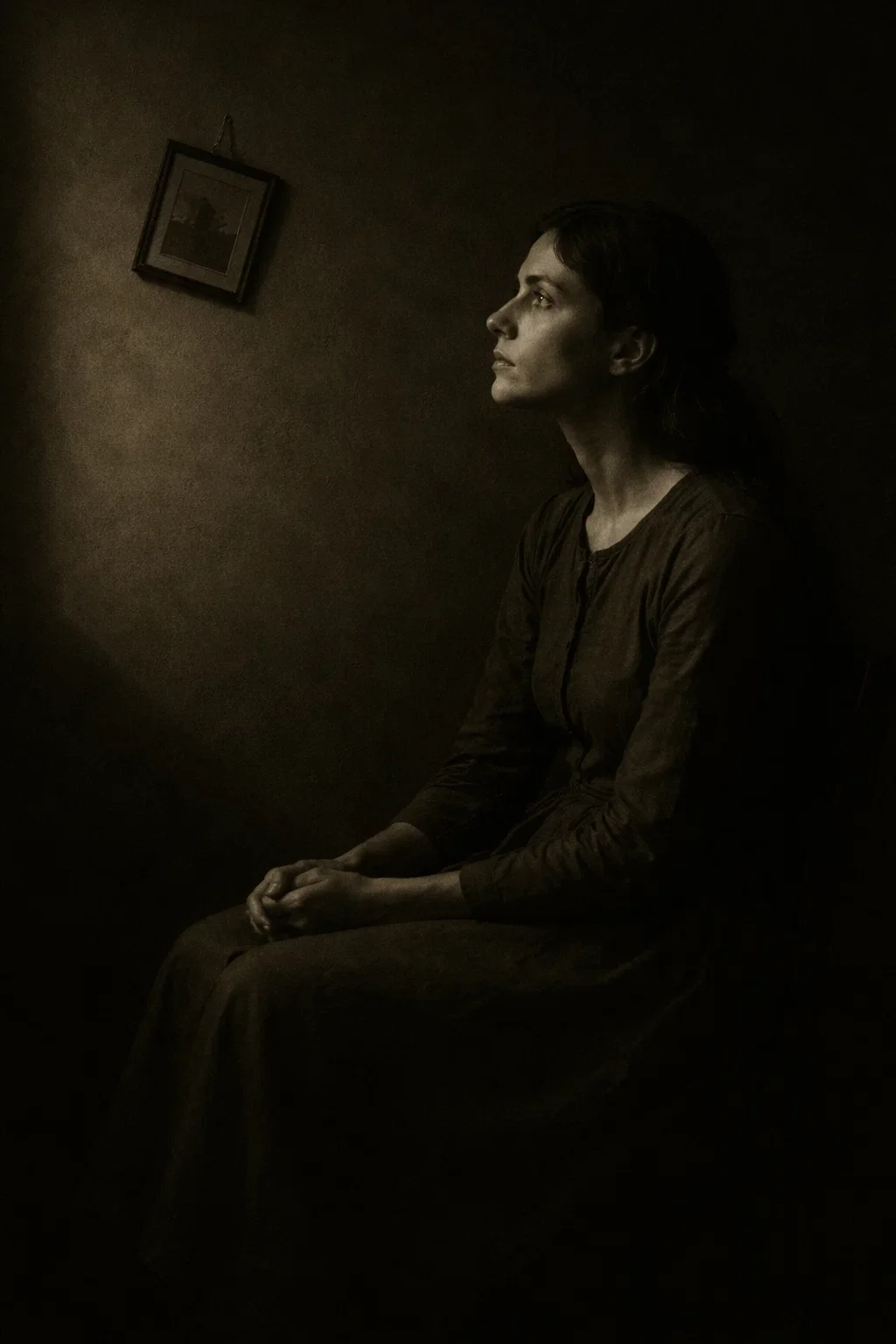A woman sitting with her hands clasped, looking to the right in a dimly lit room with a small painting on the wall.