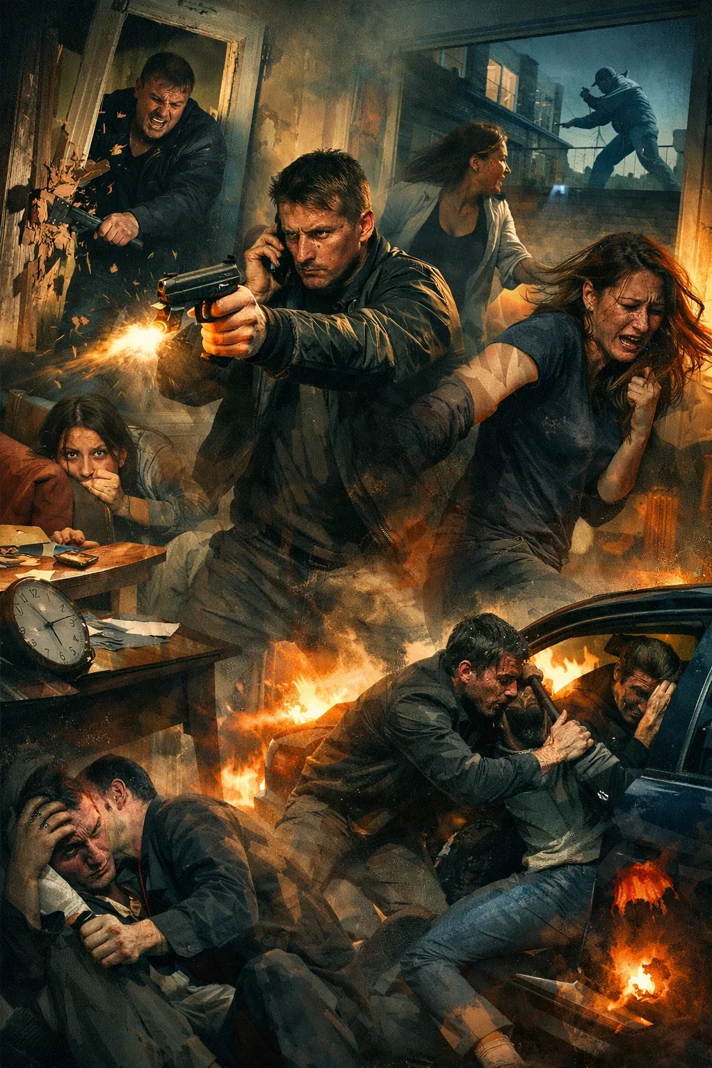 Action-packed scene with multiple people fighting and taking cover during a chaotic event involving fire and explosions inside a building.