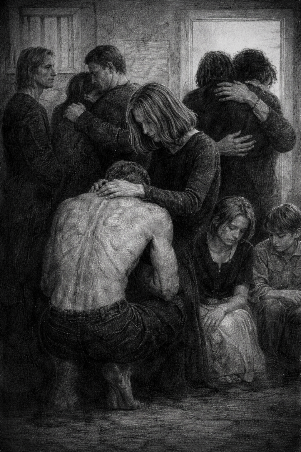 A grayscale drawing of nine people, some emotional, some comforting others, in a somber scene. One man with a tattooed back crouches with his head down, while women and men around him show grief and support through hugs and tears.