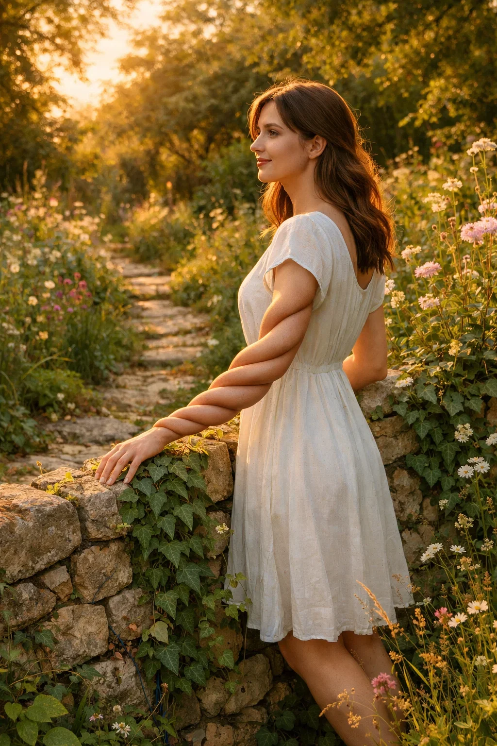 A woman in a white dress standing beside a stone wall in a garden, with sunlight shining through trees in the background.