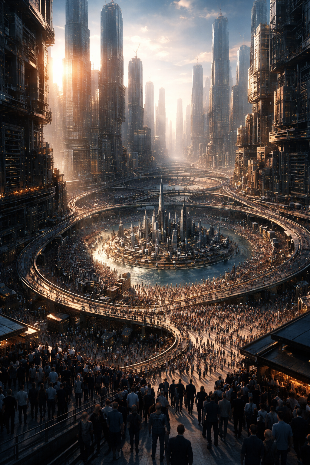 A futuristic cityscape with towering skyscrapers and flying vehicles, with a large crowd of people walking toward the city in the foreground during sunset.