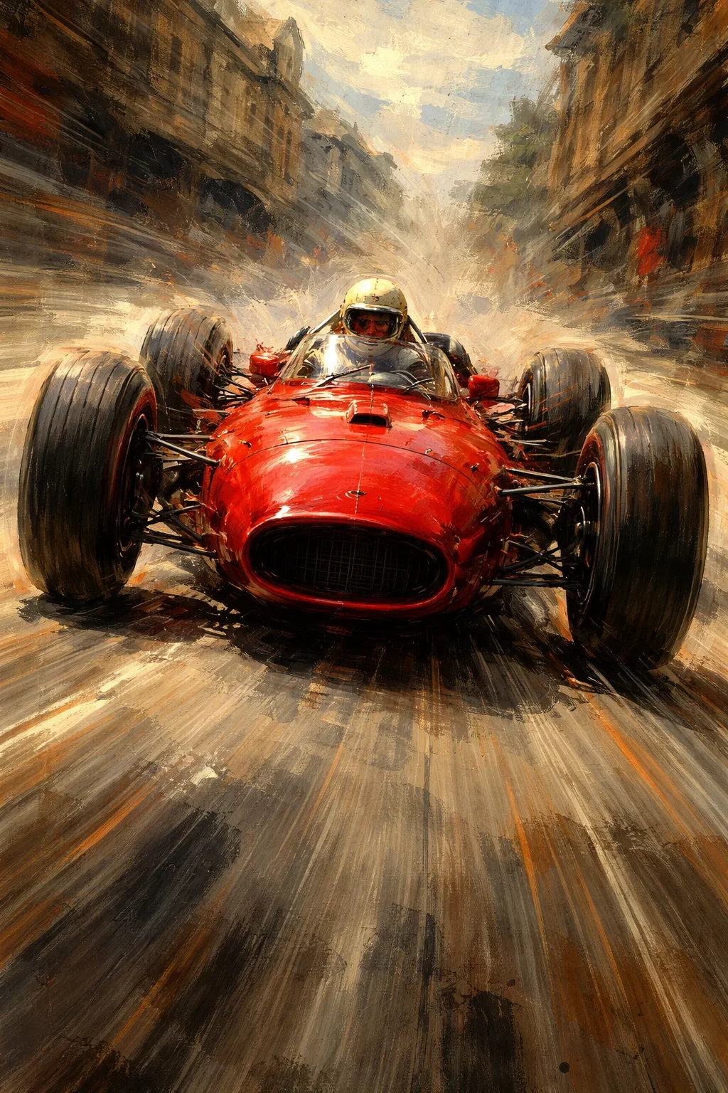 A dynamic painting of a red racing car speeding down a street with a driver wearing a helmet, with motion blur and abstract background.