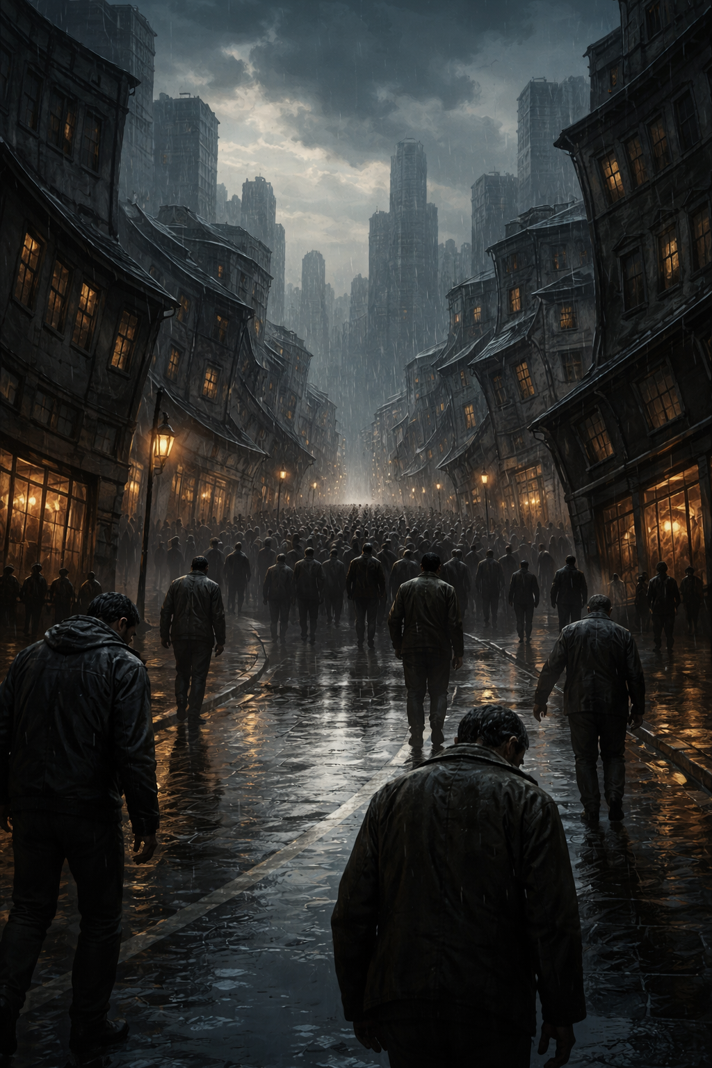 A dark, rainy urban scene with a large crowd of people walking down a wet street, surrounded by tall, worn buildings with lit windows and old-fashioned street lamps, under a cloudy sky.