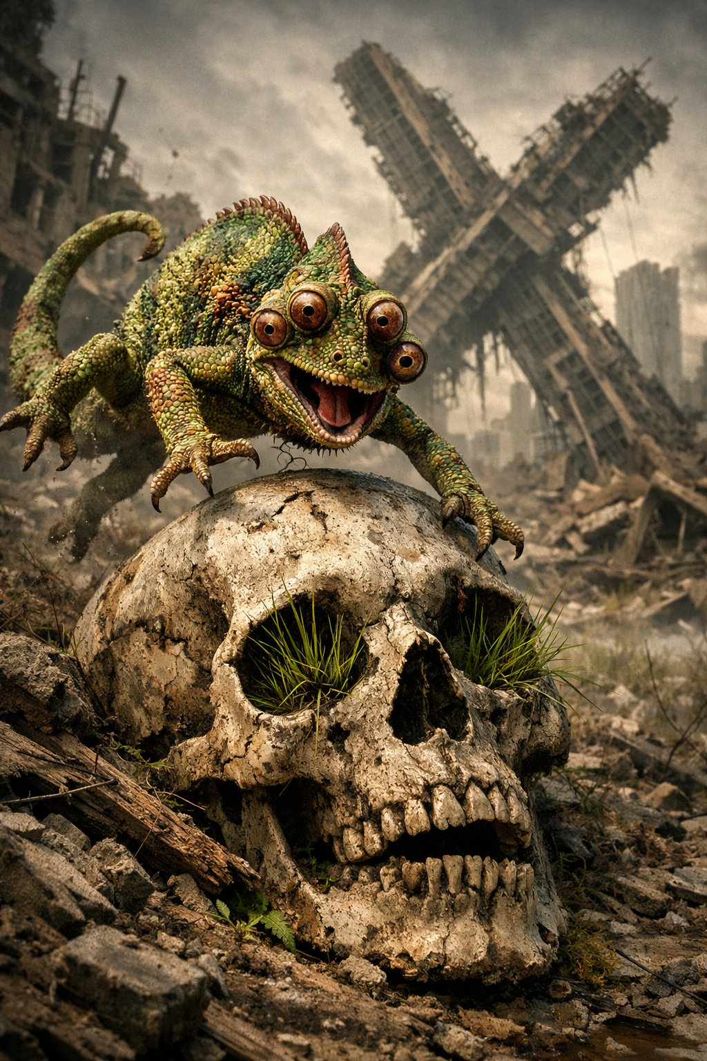 A colorful chameleon with four eyes perched on a human skull with grass growing inside the eye socket, in a post-apocalyptic urban landscape with collapsed buildings.