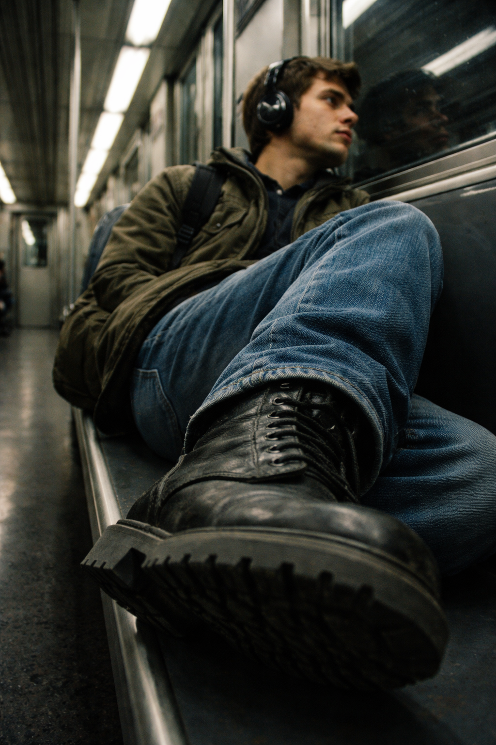 A young man sitting on a subway bench, wearing headphones, a green jacket, blue jeans, and black boots, looking out the window.