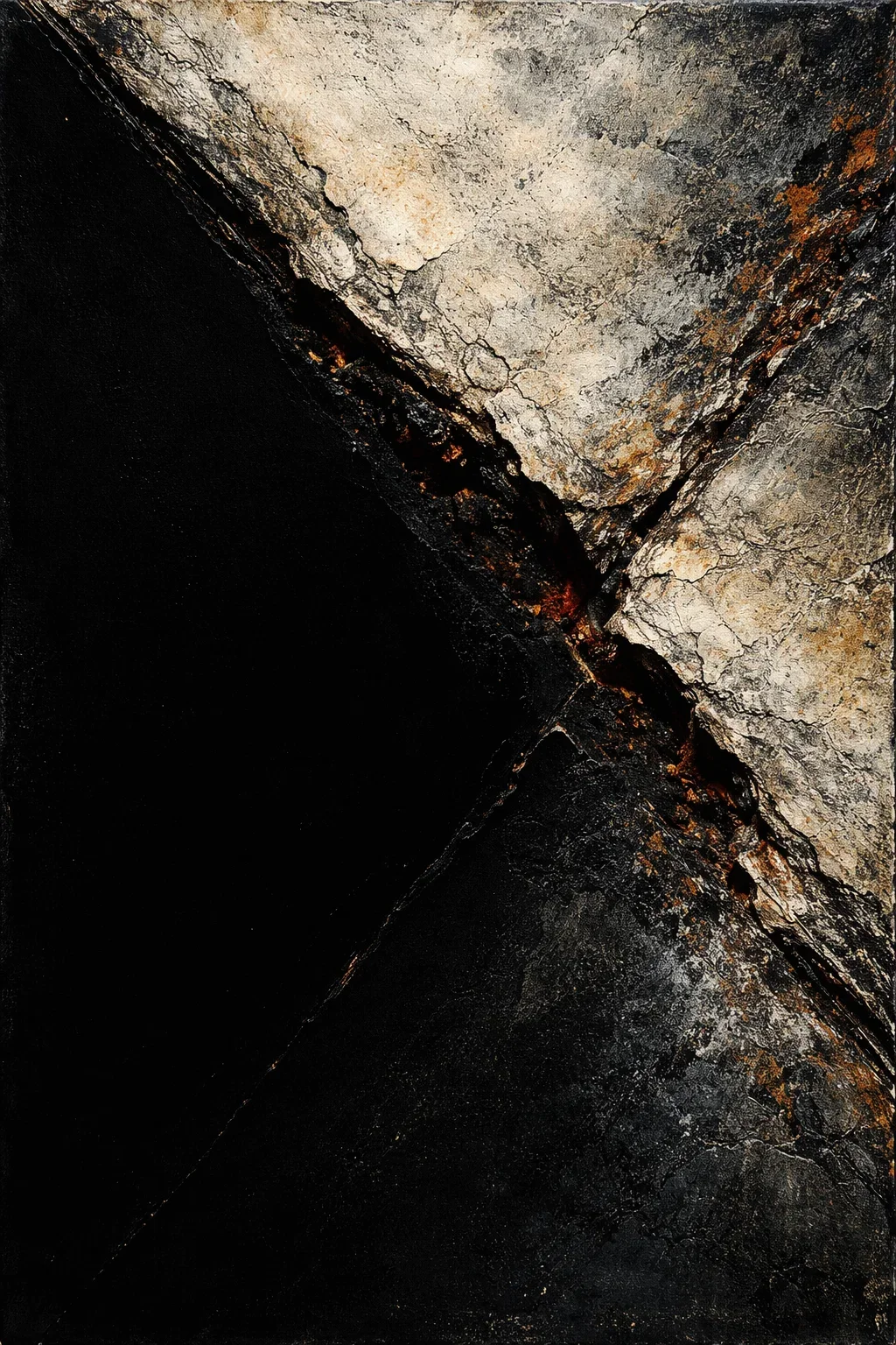 Close-up of a corner where a blackened, charred surface meets a weathered, cracked concrete wall.
